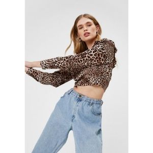 NASTY GAL Leopard Brown Ruffle Collar Puff Shoulder V Neck Cropped Blouse Size 4